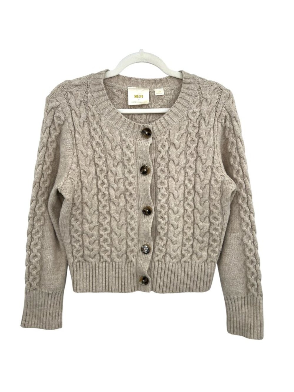 Maeve Beige Cable Knit Button Front Cardigan Sweater Size Large Cozy Girl